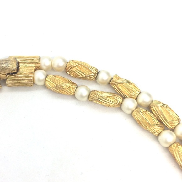 VINTAGE MID CENTURY MODERN MCM NECKLACE BRUSHED GOLD TONE PEARL DOUBLE STRAND - Picture 15 of 16